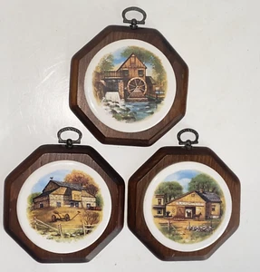 Vintage Wood & Ceramic Tile Outdoor Scenes Wall Hanging Plaques Set of 3 - Picture 1 of 13