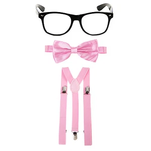 Geek Nerd Bowtie Fancy Dress Costume w/ Glasses + Bow Tie + Braces - Baby Pink - Picture 1 of 1