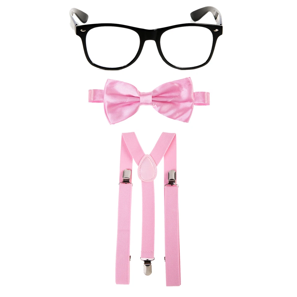 Geek Nerd Bowtie Fancy Dress Costume w/ Glasses + Bow Tie + Braces - Baby Pink - Image 1 of 1