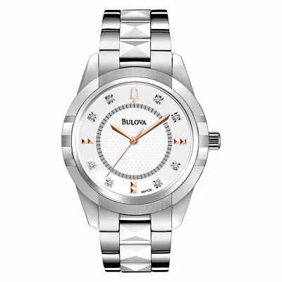 Reloj para mujer Bulova 98P135 8 diamantes tono plata esfera blanca cerámica y acero Foto 1 de 4