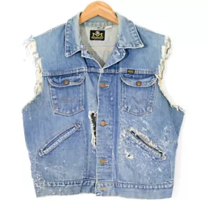 Vintage Maverick blaue Glocke zerstörte Denimjacke Weste Cutoff Punk Biker USA 44 - Bild 1 von 12