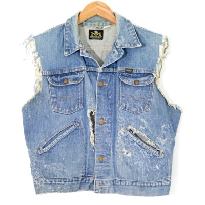 Chaqueta de mezclilla destruida vintage Maverick Blue Bell chaleco corte punk motociclista EE. UU. 44 Foto 1 de 4
