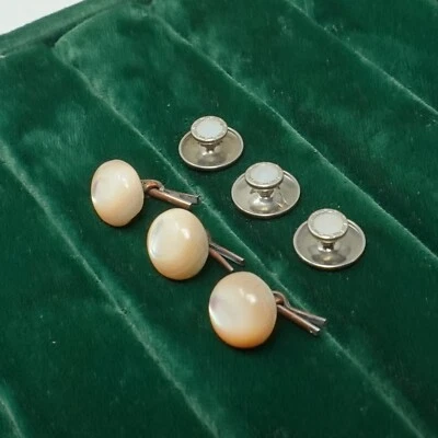 Vintage White Iridescent cufflinks and studs men's formal jewelry - Image 1 of 4