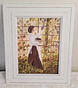 Original signiert Vintage gerahmtes Ölgemälde Frau Trauben pflücken - Bild 1 von 7