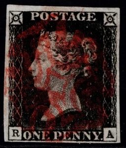 1840 1d Black Pl 1b RA 4m Crisp Full Red MX Plate Wear Superb Used Cat. £375.00 - Picture 1 of 1