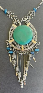 Peruvian Large Green Semi-precious Stone Medallion Necklace Alpaca Silver Long - Picture 1 of 6