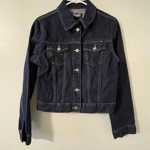 Denim Crop Top Jean Jacket Junior's Size L Dark Blue Y2K 100% Cotton 80s - Picture 1 of 9