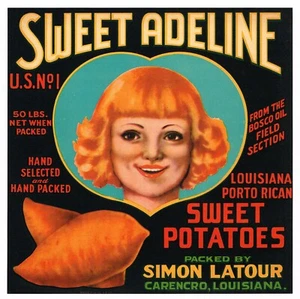 ORIGINAL YAMSWURZELKISTE ETIKETT SWEET ADELINE CARENCRO LOUISIANA VINTAGE ÖLFELD 1930 - Bild 1 von 1