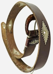 Brown Leather Diamond Stiched Belt with Brass Buckle Size M See Photos Desc Rare - Picture 1 of 9