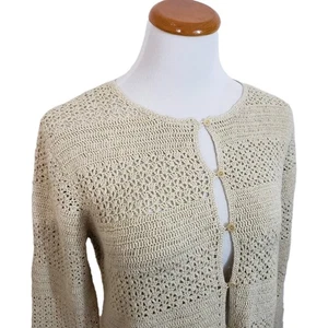 Cardigan Eddie Bauer lavorato a mano all'uncinetto maglia aperta misto lino beige taglia M - Foto 1 di 8