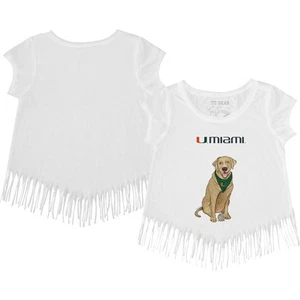 Girls Toddler Tiny Turnip White Miami Hurricanes Yellow Lab Fringe T-Shirt - Picture 1 of 3