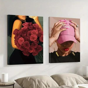 2pcs Elegant Woman With Red Roses Wall Art Canvas Unframed - Picture 1 of 5