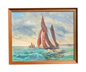 Dipinto olio vintage G A Waddington su bordo navi paesaggio marino barche a vela arte - Foto 1 di 12