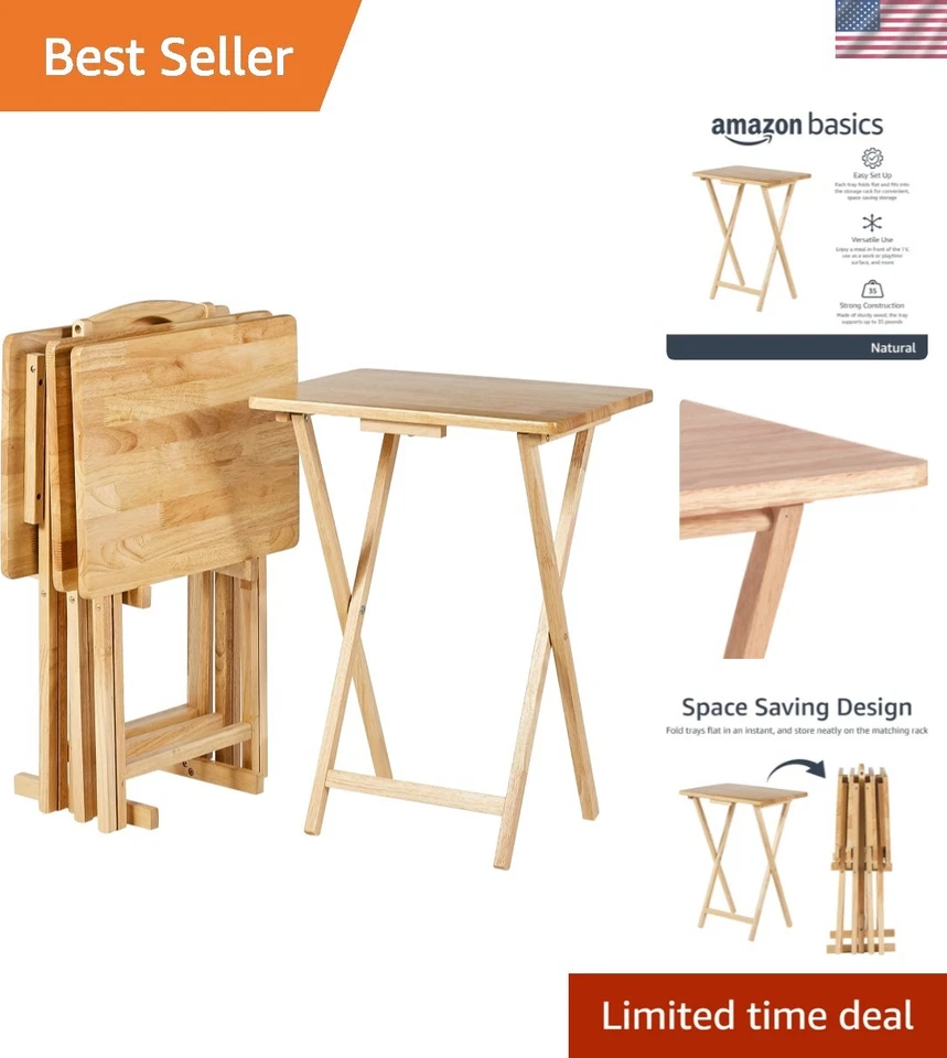 Set of 4 Natural Classic TV Dinner Folding Trays With Storage Rack