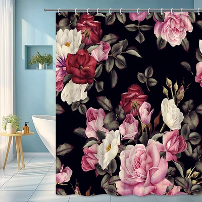 Black Floral Shower Curtain, Vintage Rose Peony Watercolor Bathroom Decor - Image 1 of 4