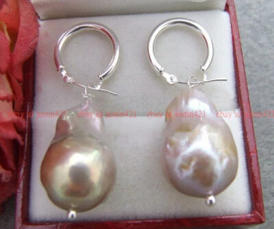 Pendientes colgantes reales enormes de plata con perlas barrocas Kehsi púrpura del Mar del Sur de 13x21 mm Foto 1 de 4