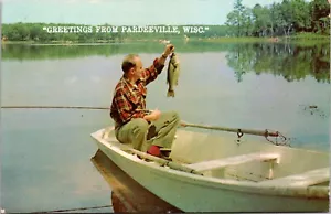 Greetings From Pardeeville Wisconsin WI Vintage Postcard Fishing Boat Lake Bass - Picture 1 of 2