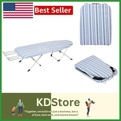 Foldable Tabletop Ironing Board with Iron Rest - Stylish Blue Stripe Design - Image 1 of 4