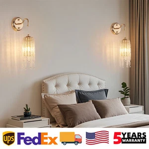 2 Pack indoor LED Wall Sconce Light Modern Gold Crystal Lamp for Bedroom Fixture - Picture 1 of 9