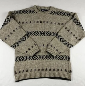 Vintage 90s Trader Bay Southern Style Pattern Sweater USA Outdoor Thick Tan Knit - Picture 1 of 4