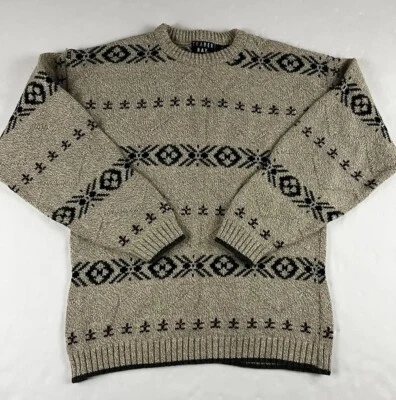Vintage 90s Trader Bay Southern Style Pattern Sweater USA Outdoor Thick Tan Knit - Image 1 of 4
