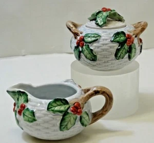 Fitz & Floyd Basketweave Holly Leaves Berries Holiday Sugar Bowl w/ Lid Creamer - Picture 1 of 12