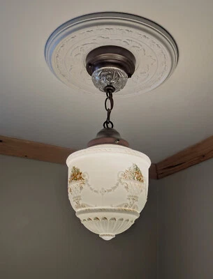 283 Antique 1910's Victorian Glass Shade Ceiling Light Fixture Lamp Pendant - Image 1 of 4