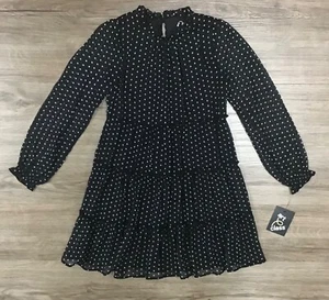 Girls' Puff Long Sleeve Mock Neck Chiffon Polka Dot Tiered Dress Black S M L - Picture 1 of 6