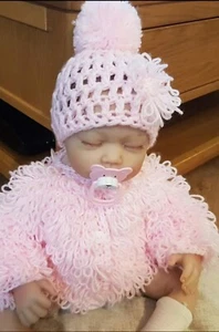 HAND CROCHET NEWBORN GIRLS LOOPY CARDIGAN/ COAT AND POM POM HAT SET - Picture 1 of 2