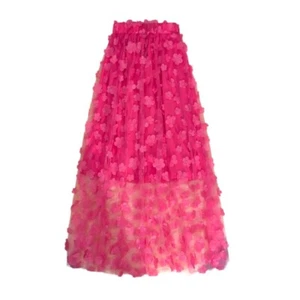 Women 3D Flower Mesh Skirt Rose Red Gauze Elastic Waist Skirt Midi Cute Summer - Picture 1 of 7