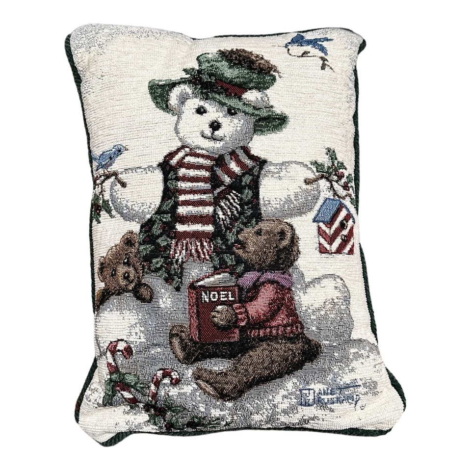 Tapestry Pillow Snowman Bear Artist Kruskamp Janet Green Backing 16" X 12" - Image 1 of 4