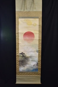 JAPANESE KAKEJIKU SILK SCROLL HINO DE SUNRISE ON WAVES - Picture 1 of 21