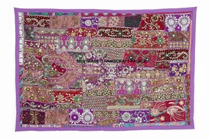 60" HUGE VINTAGE INDIAN SARI BEAD DECOR KUNDAN TEXTILE ART TAPESTRY WALL HANGING - Picture 1 of 4