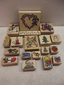 18 WOOD MOUNTED RUBBER STAMPS CHRISTMAS PSX HERO ARTS SKY KIDS STAMP LOT - Picture 1 of 3