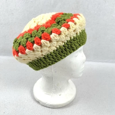 Vintage Handmade Crochet Beret Hat Granny Chic Green Orange Cream Beanie - Image 1 of 4
