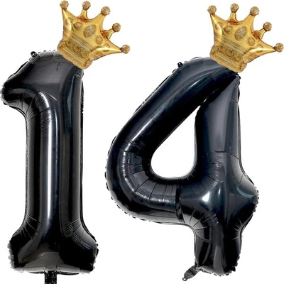 40 pulgadas grande negro 14 globos número con corona dorada globos 14 cumpleaños grande Foto 1 de 4
