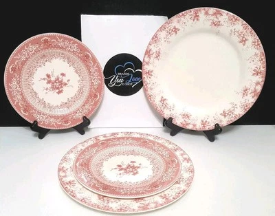 Williams Sonoma Pink English Floral Plates 4 Dinner & 4 Salad Plates NIB Easter  - Image 1 of 4