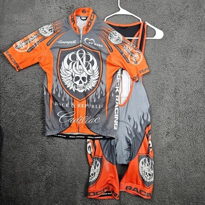 Conjunto de culotte con tirantes Rock Racing Cadillac para hombre camiseta de ciclismo naranja calavera llama M Foto 1 de 4