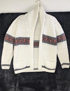 Cardigan maglione vintage maglia stile Cowichan tasche pesante design sud-ovest S/M - Foto 1 di 5