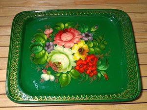Vintage Zhostovo Tablett Metall handbemalt Künstler signiert Tole Rosemaling 17,5" x 13,5" - Bild 1 von 12