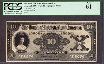 Canada Bank of British North America $10 Face PHOTOGRAPHIC PROOF 1917 UNC PCG 61 - Image 1 of 2