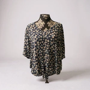 Blusa Top Madewell Negra Estampada Multi Floral Manga Corta Cuello en V Dobladillo Corbata 2X - Imagen 1 de 5
