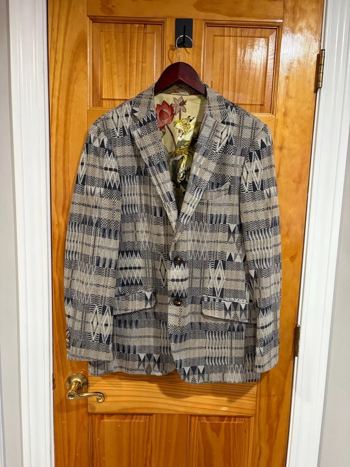 Blazer Etro Milano Para Hombre 52 (US 42R) Lino Seda Forro Geométrico Tigre Italia Foto 1 de 4