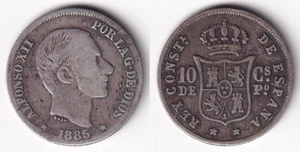 1885 Spanish Philippine ALFONSO XII 10 Centimos De Peso SILVER Coin - Stock #B1 - Picture 1 of 4