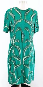 Vtg 80s 90s Green Silk Beaded Sequin Cocktail Party Dress Size L Nite Waves - Picture 1 of 8