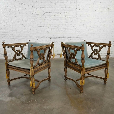 Mediterranean Spanish Revival Pair Ceruse Chairs Rush Seats Loose Blue Cushions Cover
