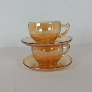 Juego de 2 tazas y platillos iridiscentes de cristal de jeanette moderno caléndula conjunto taza ponche - Imagen 1 de 10