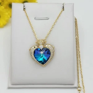 Collar de corazón y cadena enchapado en oro 14K cristal azul delfines amante - Imagen 1 de 4