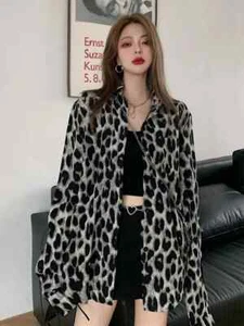 New Retro Leopard Women Long Shirt Streetwear Oversize Loose Long Sleeve Blouse - Picture 1 of 10