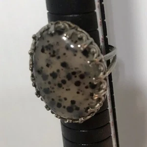 Large Cabochon Ring Black Speckles in Opaque Gray Dalmatian Jasper Prong Set - Picture 1 of 8